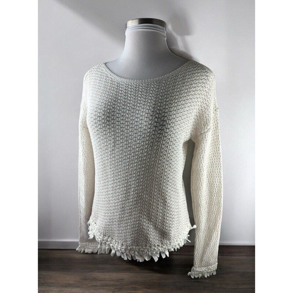 ✨2/$20 White + Warren Open Knit Fringe Trim Sweater Oatmeal Large Boho Coastal - Picture 2 of 16